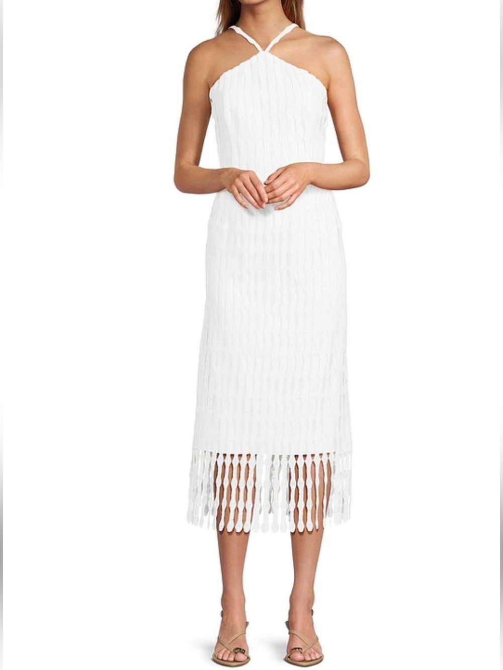 Antonio Melani White Asha Novelty Fringe Lace Halter Sleeveless Midi Dress NWT